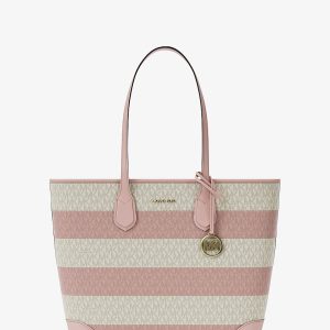 کیف توت زنانه Michael Kors مدل Eva Large Striped Signature Logo Honeywheat
